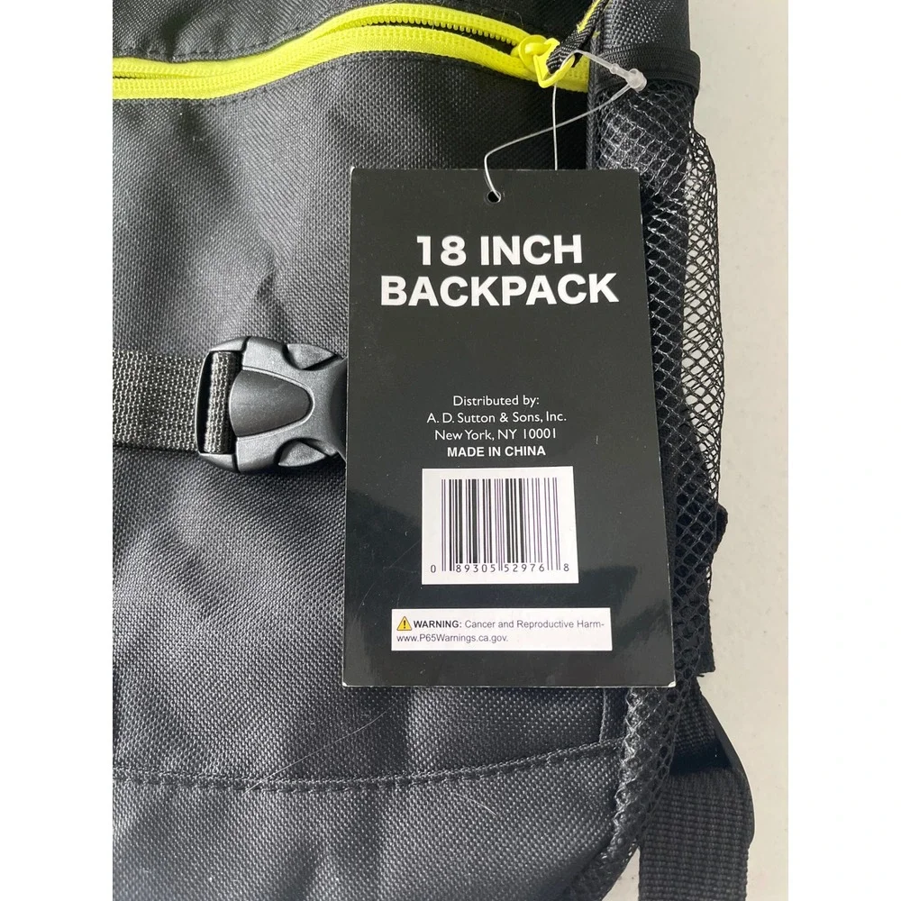 AD Sutton and Sons 18 Inch Backpack Black Neon Yellow Buckle Straps New